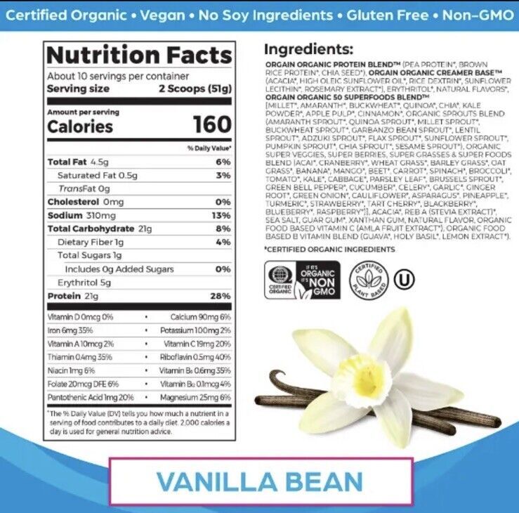 Orgain Organic Plant Based Protein + Superfoods Powder, Vanilla Bean, 2 Lbs